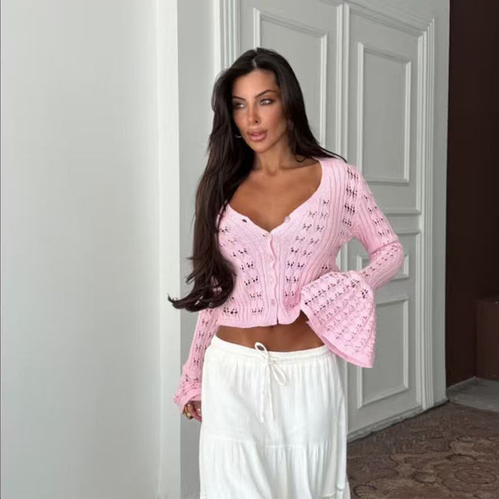 Damen Stylische Strickjacke mit V-Ausschnitt und Schlagärmeln Drune