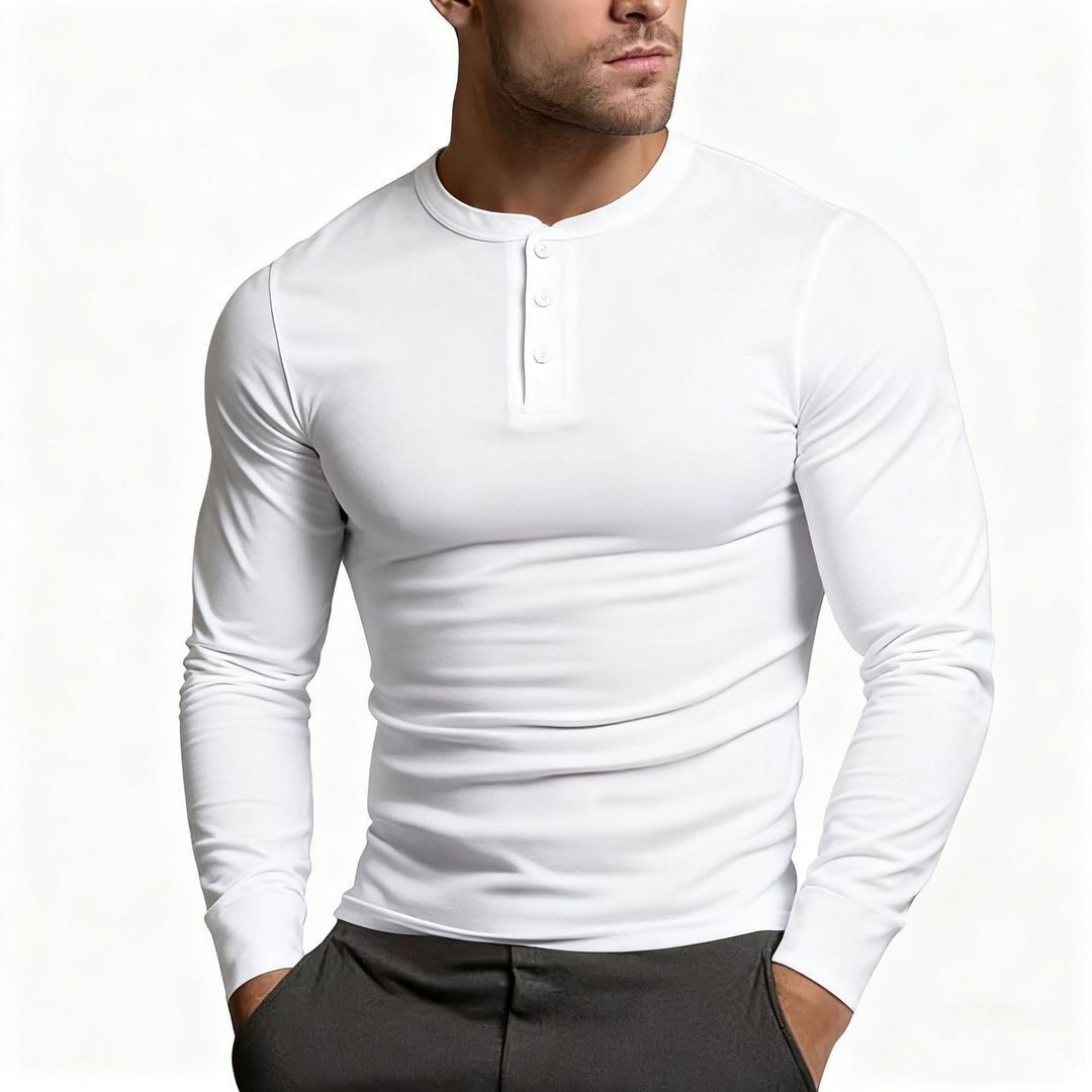 Herren nan tailliertes Langarm-Henley-Shirt aus Baumwollmix mit Knopfleiste Drune
