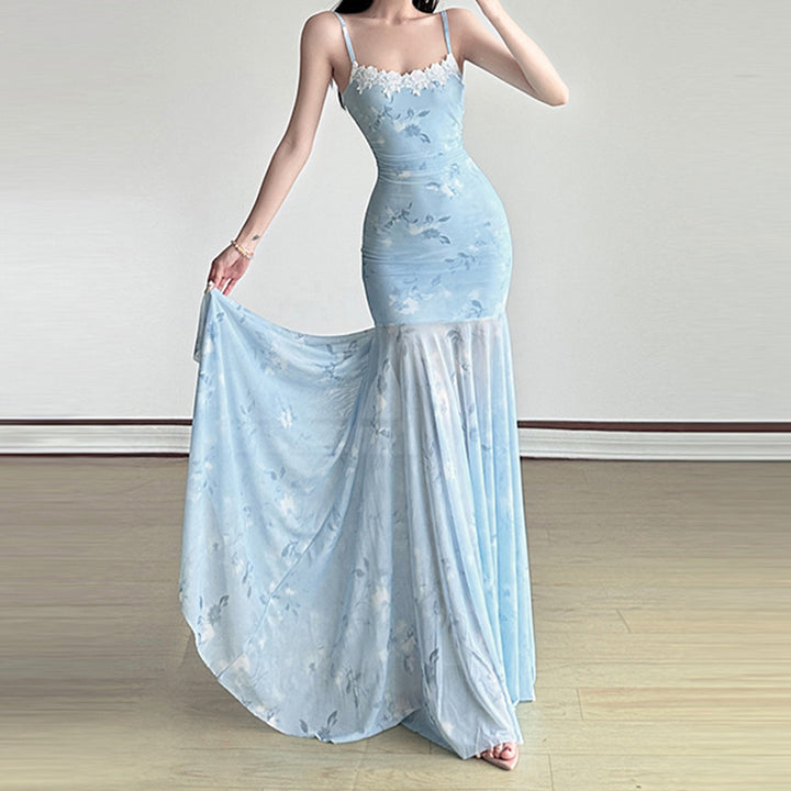 Damen Maxikleid mit floralem Druck und eleganter Spitzenborte Drune