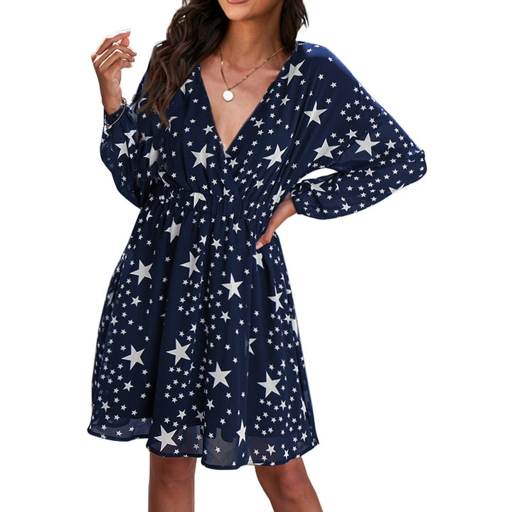Damen Kleid mit tiefem V-Ausschnitt und modischem Sternenmuster Drune
