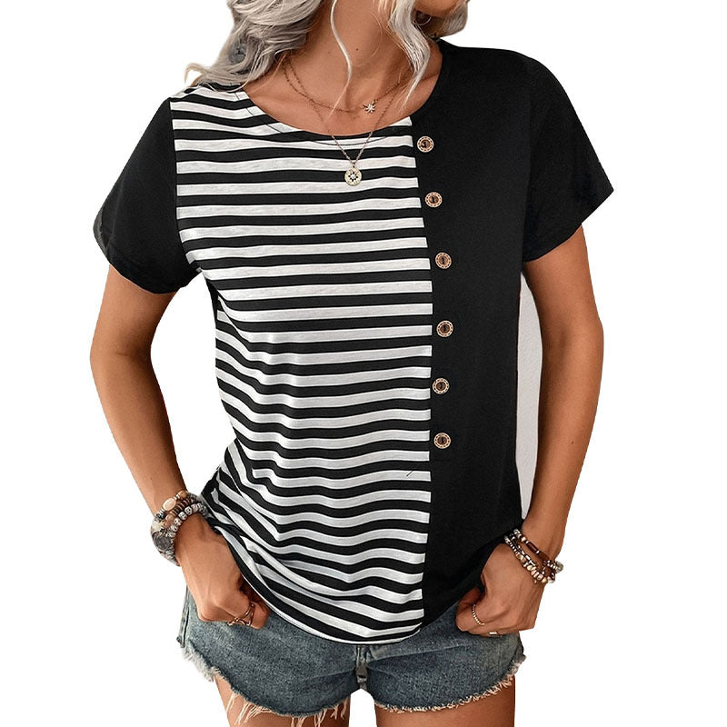Damen gestreiftes T-Shirt mit Knopfdetails Drune