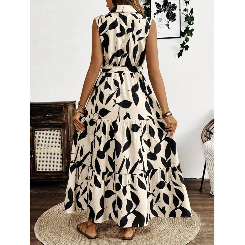 Damen Maxi-Kleid mit maskulinem Blätterdruck und tailliertem Gürtel Drune