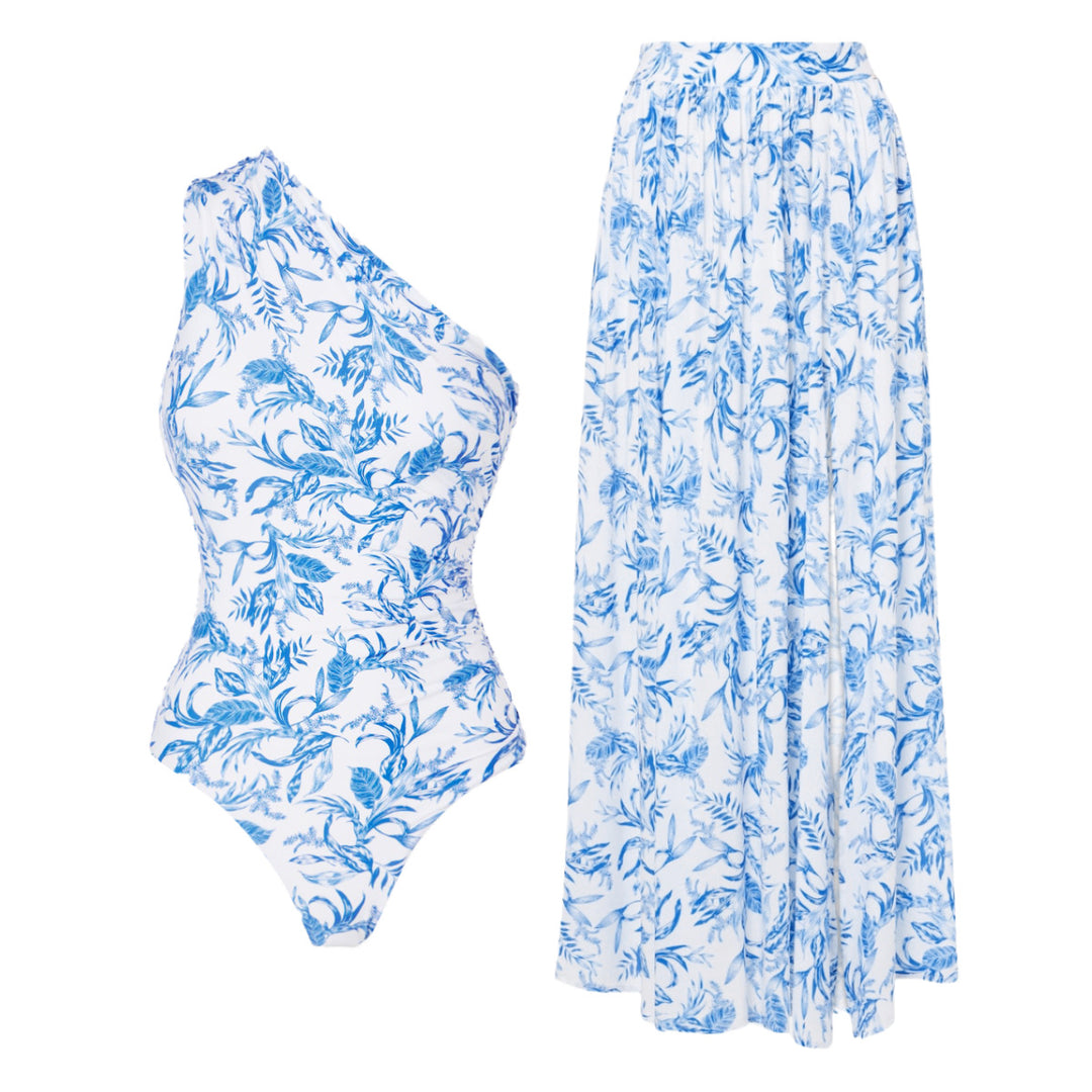 Damen Badeanzug mit asymmetrischem Schnitt und passendem Maxi-Rock Drune