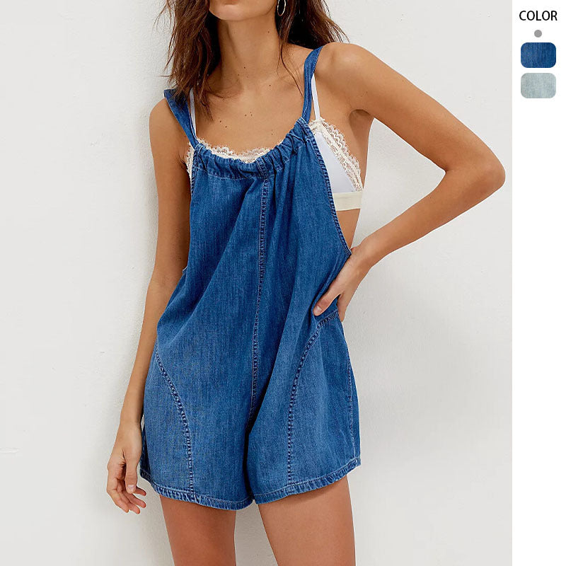 Damen Denim-Shortoverall mit gerafftem Ausschnitt und seitlichen Taschen Drune