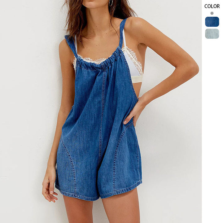 Damen Denim-Shortoverall mit gerafftem Ausschnitt und seitlichen Taschen Drune