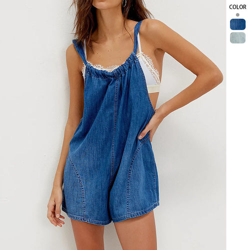 Damen Denim-Shortoverall mit gerafftem Ausschnitt und seitlichen Taschen Drune