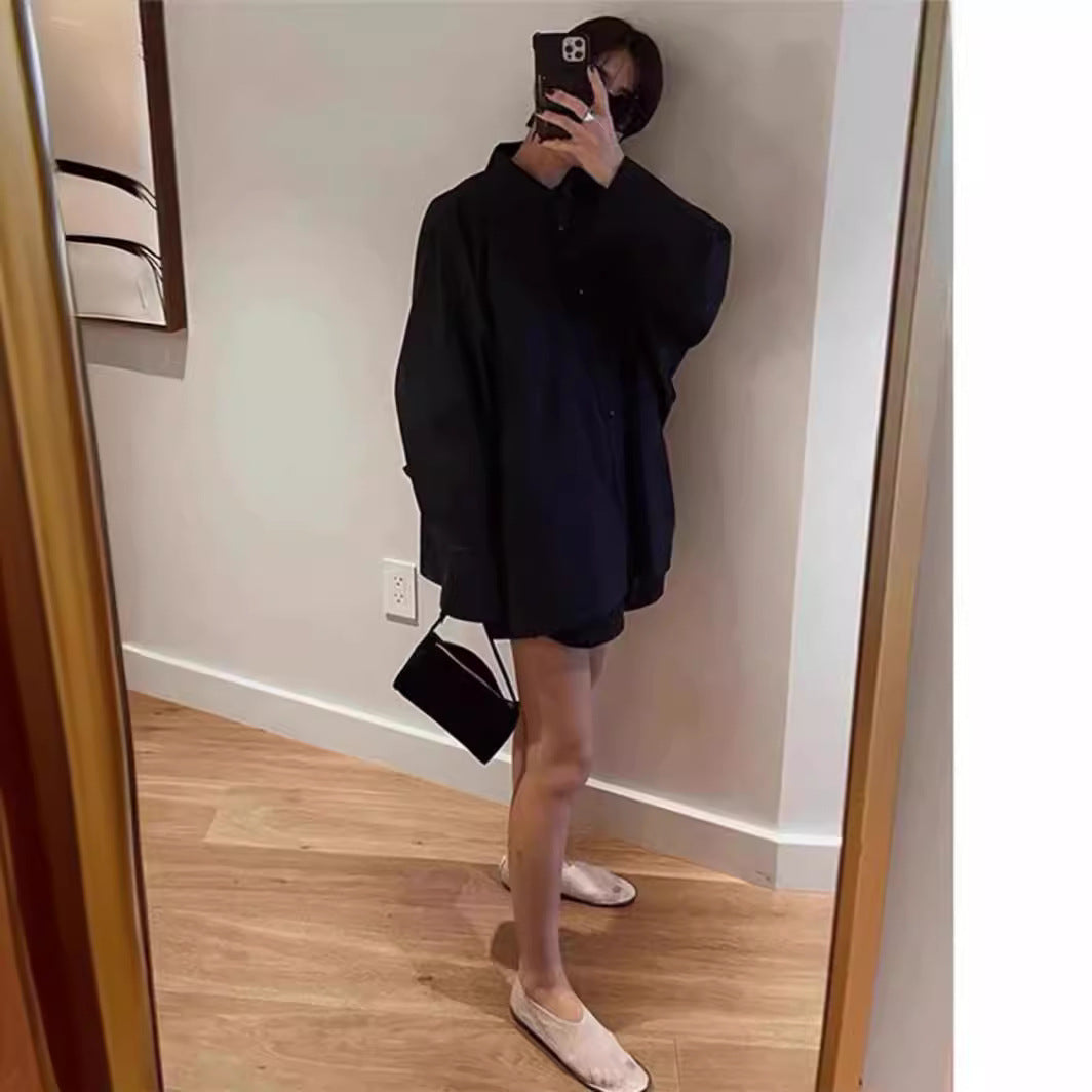 Damen Oversized-Hemdbluse mit klassischem Kragen und seitlicher Tasche Drune