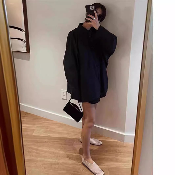 Damen Oversized-Hemdbluse mit klassischem Kragen und seitlicher Tasche Drune