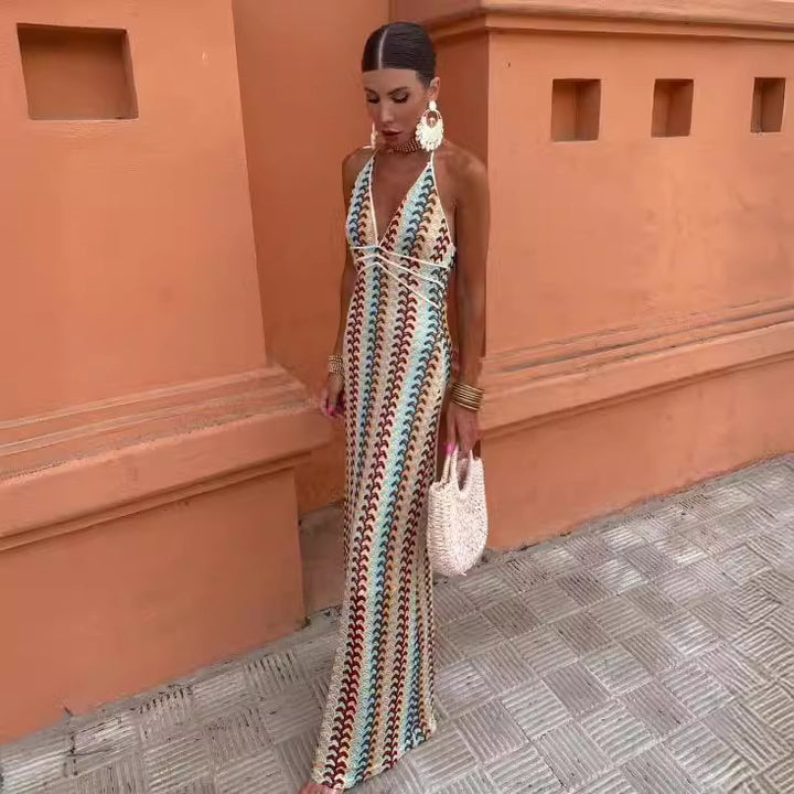 Damen Maxikleid mit tiefem V-Ausschnitt und raffinierten Häkel-Details Drune