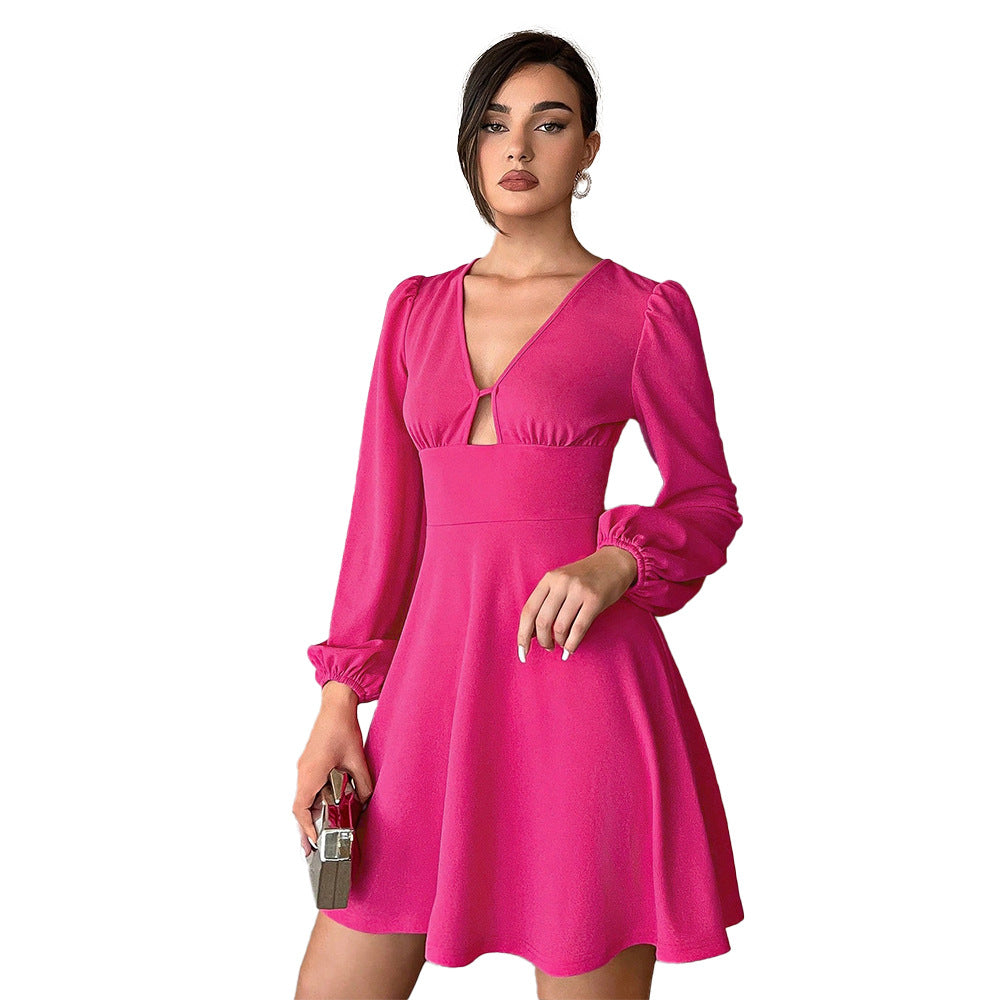 Damen Minikleid mit tiefem V-Ausschnitt und eleganten Puffärmeln Drune
