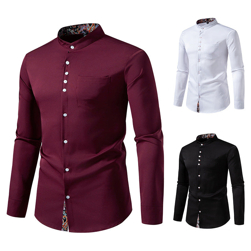 Herren Langarm Hemd mit modernem Stehkragen und Paisleymuster Drune
