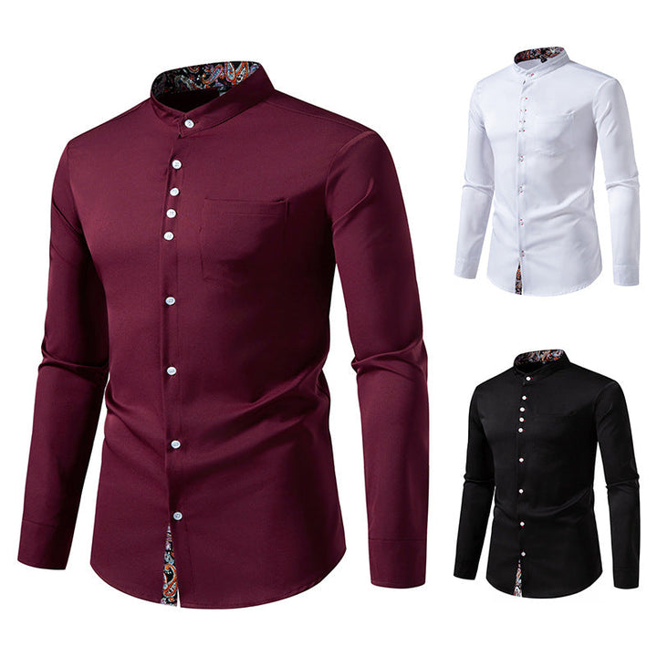Herren Langarm Hemd mit modernem Stehkragen und Paisleymuster Drune