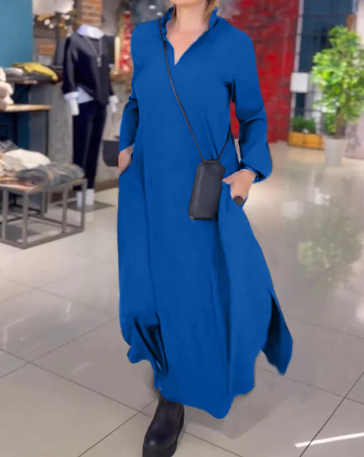 Damen Hemdblusenkleid mit Taschen und Stehkragen Drune