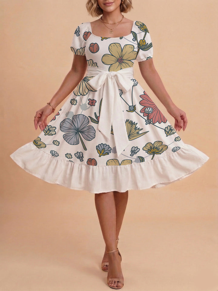 Damen Midi Kleid mit elegantem Blumendruck und tailliertem Gürtel Drune