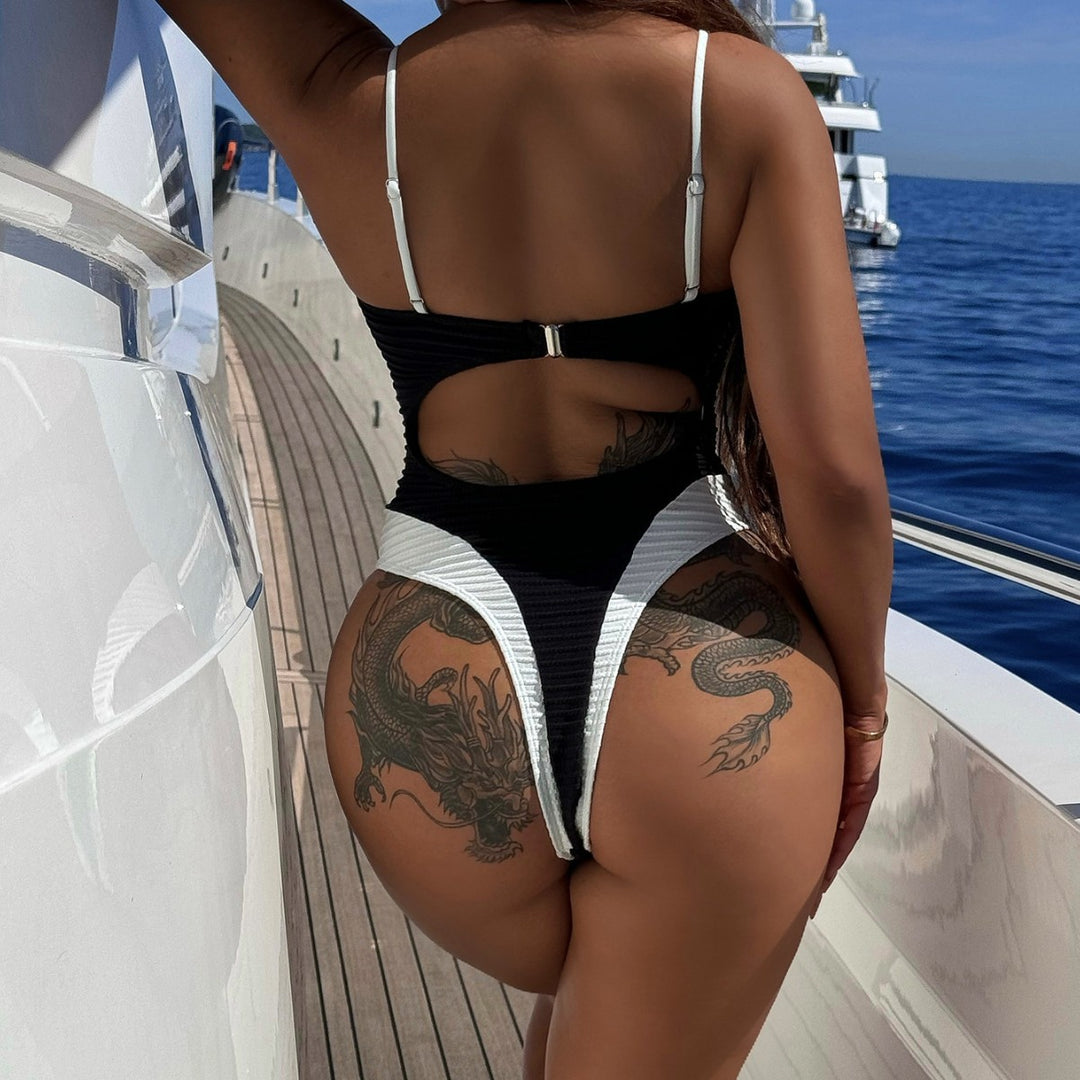 Damen Eleganter Einteiler Badeanzug mit hoch geschnittenem Beinausschnitt Drune