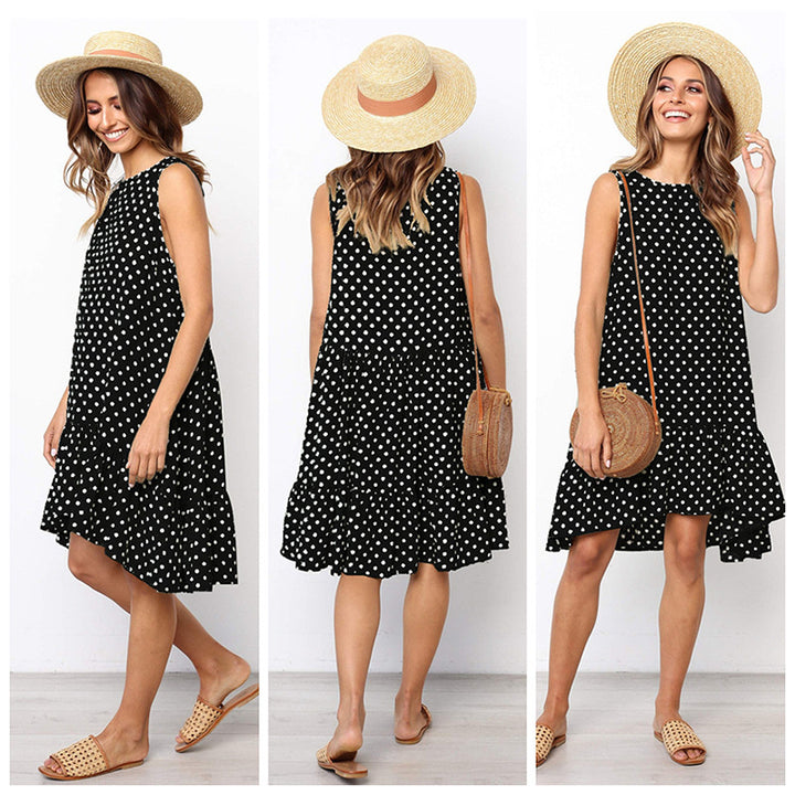 Damen Sommerliches A-Linien Kleid mit Rüschensaum und Punkten Drune
