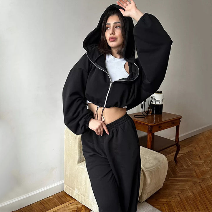 Damen nan cropped Reißverschluss-Hoodie mit Tunnelzugsaum und weitem Sweatpants-Schnitt Drune