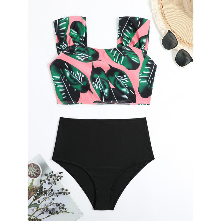 Damen Hochgeschnittener Bikini mit modischem Streifenmuster und floralem Unterteil Drune