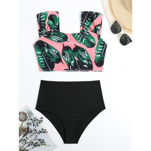 Damen Hochgeschnittener Bikini mit modischem Streifenmuster und floralem Unterteil Drune