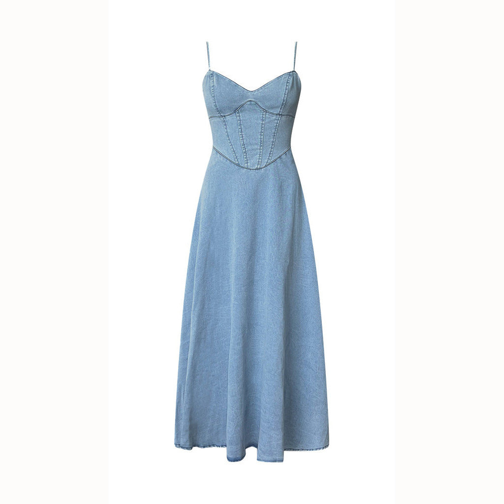 Damen Maxikleid im Denim-Stil mit tailliertem Schnitt und Spaghetti-Trägern Drune