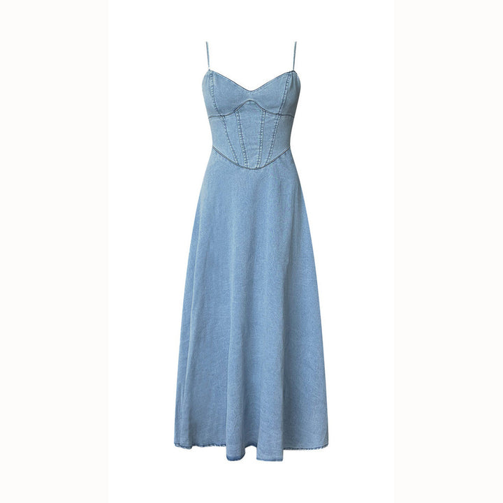 Damen Maxikleid im Denim-Stil mit tailliertem Schnitt und Spaghetti-Trägern Drune