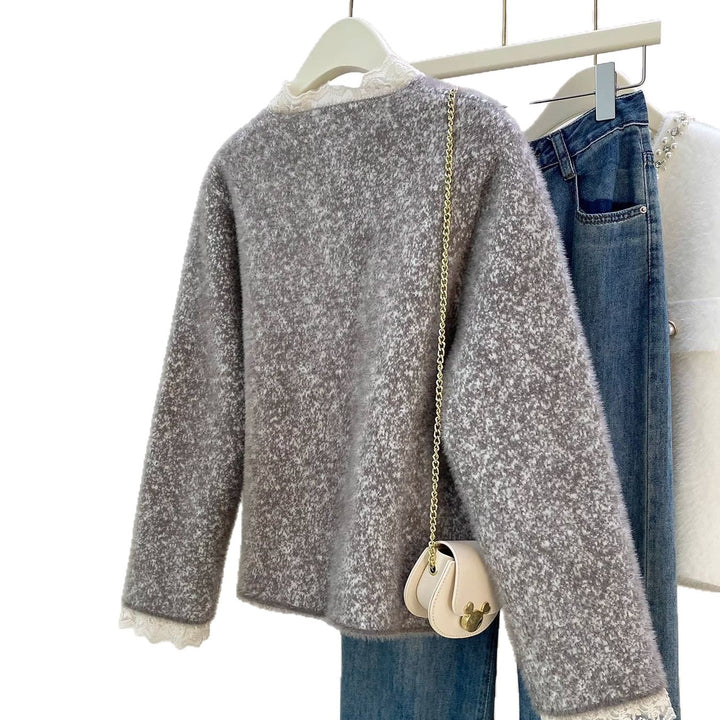Damen elegante Strickjacke mit Perlen und Spitzen Drune