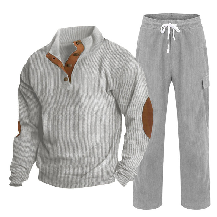 Herren nan Strick-Freizeitset mit Knopfleiste und Ellenbogenaufnähern sowie Cord-Cargohose Drune
