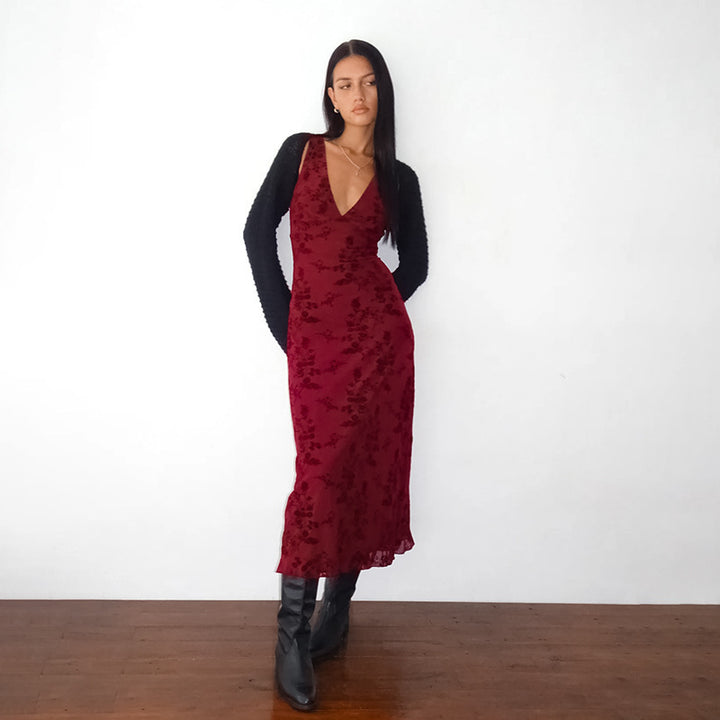 Damen Maxikleid mit floralem Spitzenmuster und tiefem V-Ausschnitt Drune