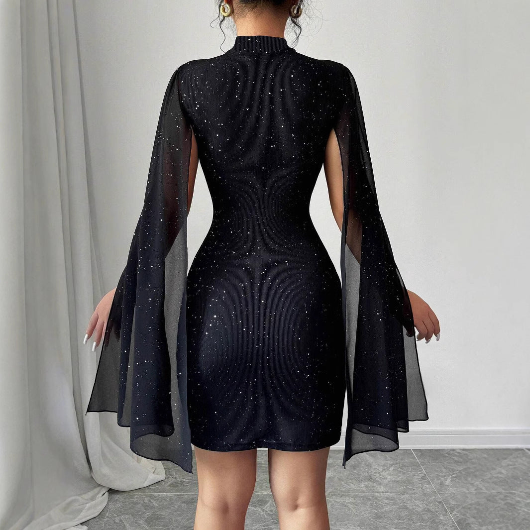 Damen elegantes kurzes Kleid mit CAPE-Ärmeln und glitzerndem Detail Drune