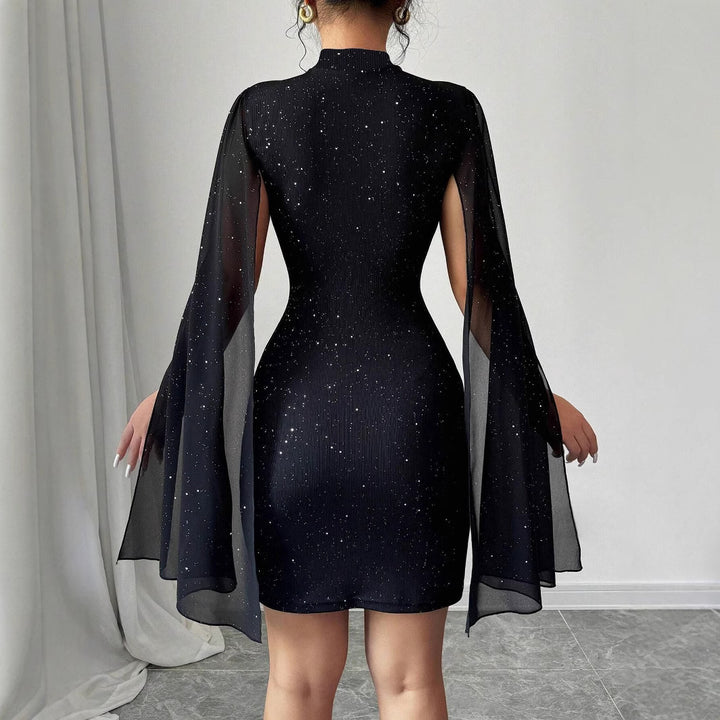 Damen elegantes kurzes Kleid mit CAPE-Ärmeln und glitzerndem Detail Drune
