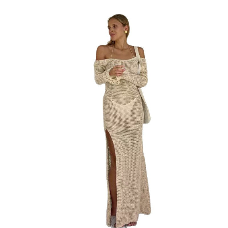 Damen Häkel-Maxikleid mit offener Schulterpartie und seitlichem Schlitz Drune