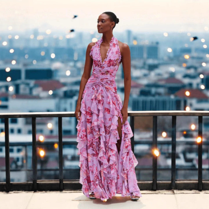 Damen Romantisches Maxi-Party Kleid mit voluminösen Rüschendetails Drune