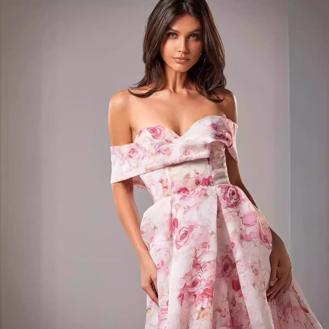 Damen Maxikleid mit schulterfreiem Design und floralen Mustern Drune