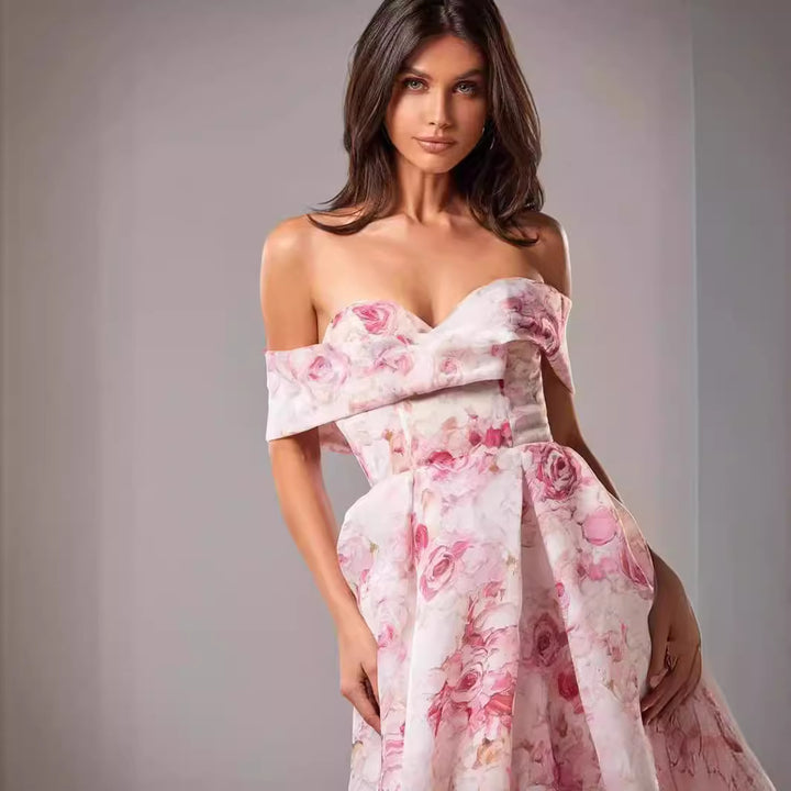 Damen Maxikleid mit schulterfreiem Design und floralen Mustern Drune
