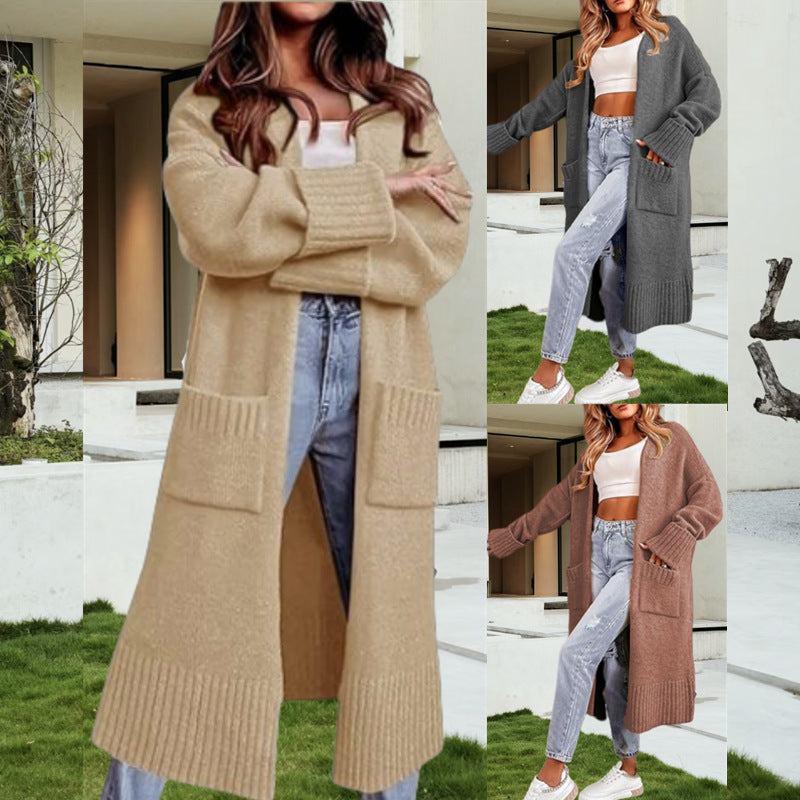 Damen Langer Strickcardigan mit tiefen Taschen und eleganter Struktur Drune