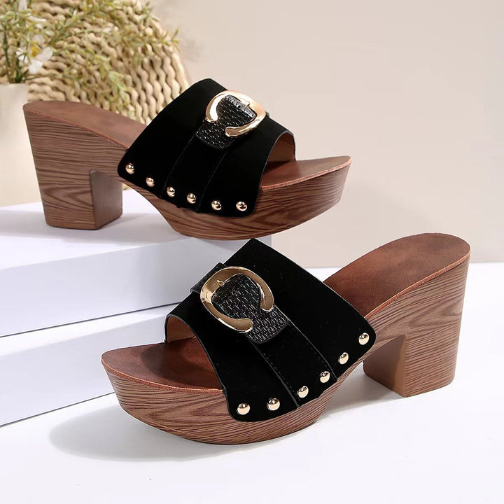 Damen Plateau-Pantoletten mit elegantem Riemendesign und komfortablem Holzabsatz Drune