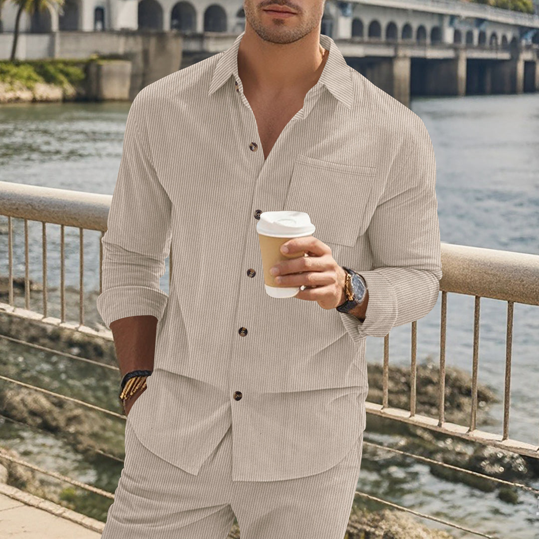 Herren gestreiftes Langarmshirt mit modischem Stehkragen und praktischer Brusttasche Drune