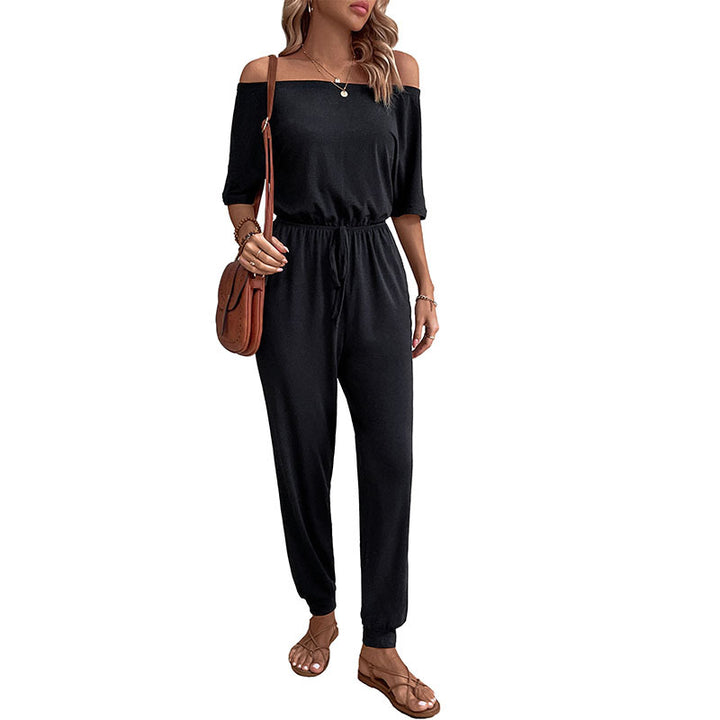 Damen lässiger Jumpsuit mit schulterfreiem Design und verstellbarem Taillenzug Drune