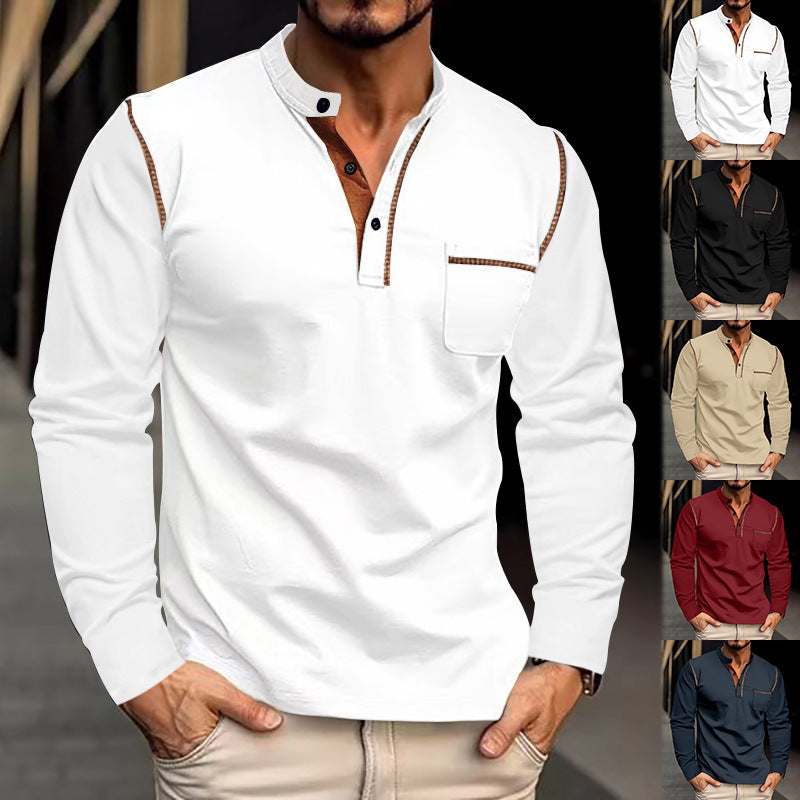 Herren nan Langarmshirt mit Mandarin-Kragen Brusttasche und Kontrastziernähten Drune