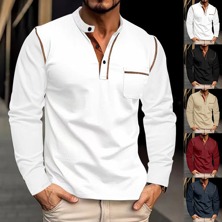 Herren nan Langarmshirt mit Mandarin-Kragen Brusttasche und Kontrastziernähten Drune