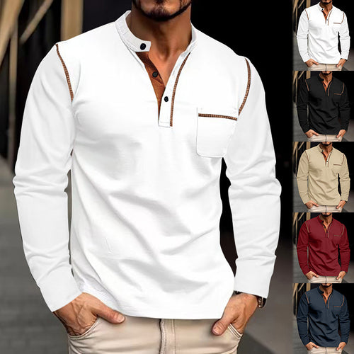 Herren nan Langarmshirt mit Mandarin-Kragen Brusttasche und Kontrastziernähten Drune