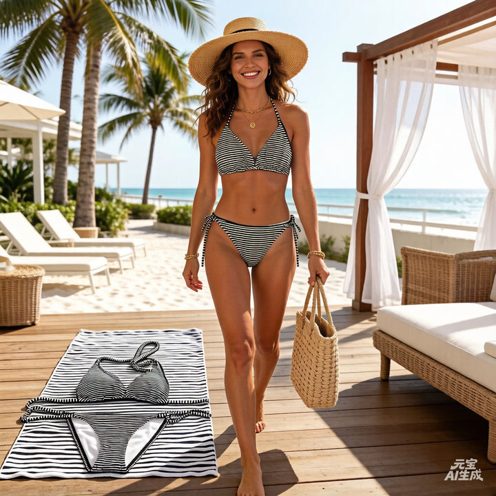 Damen Triangel-Bikini-Set mit klassischem Streifenmuster Drune