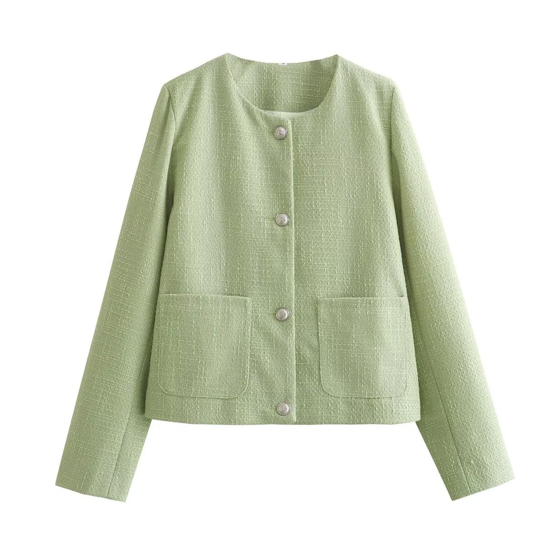 Damen elegante Kurzjacke mit dekorativen Knopfdetails und praktischen Taschen Drune