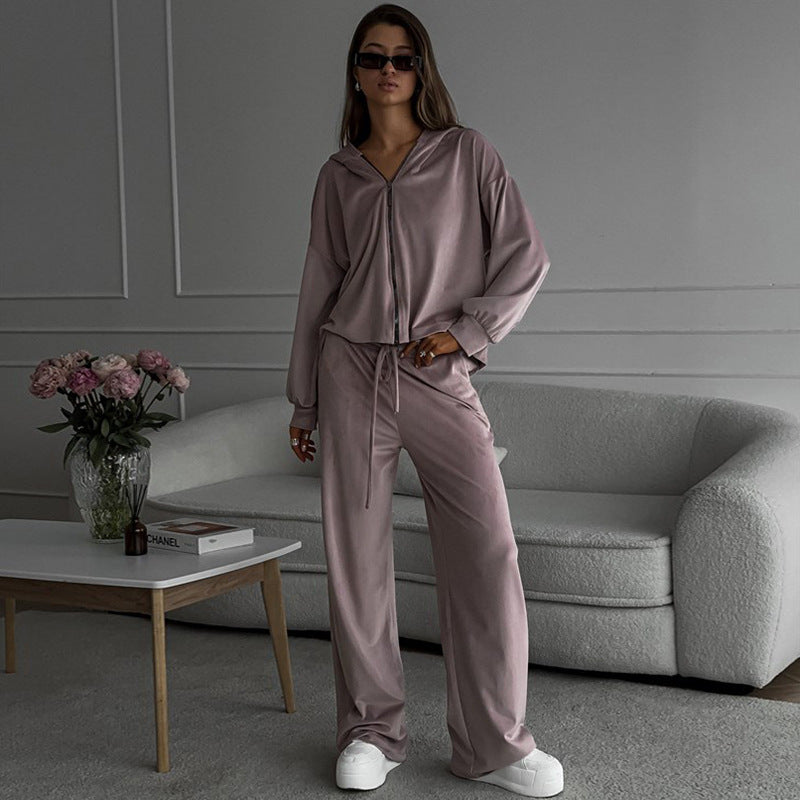 Damen nan luxuriöses Velours-Zweiteiler Set mit kurzem Reißverschluss-Hoodie und weiten Highwaist-Loungehosen Drune