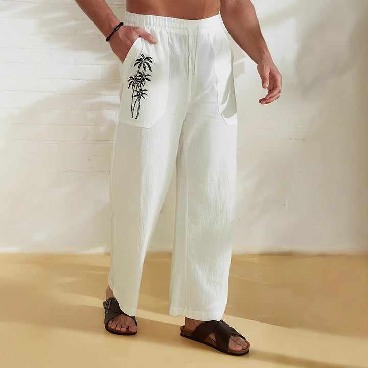 Herren lässige Leinen-Relax-Hose mit palmenmotivierten Taschen Drune