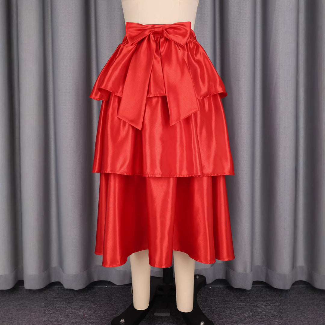 Damen Eleganter voluminöser Rock mit Rüschendetails und Taillengürtel Drune
