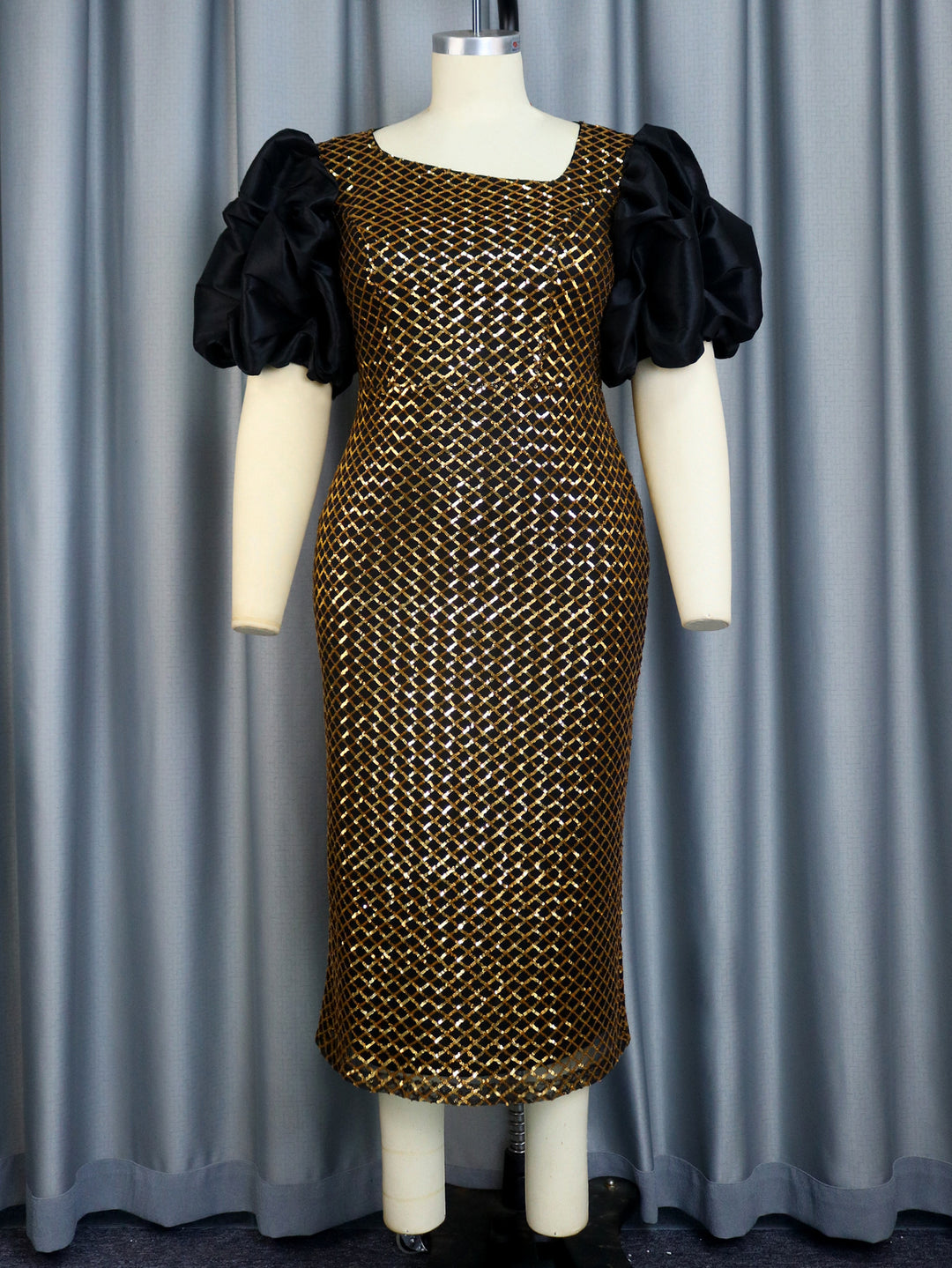 Damen Abendkleid mit strukturiertem Oberteil und voluminösen Puffärmeln Drune