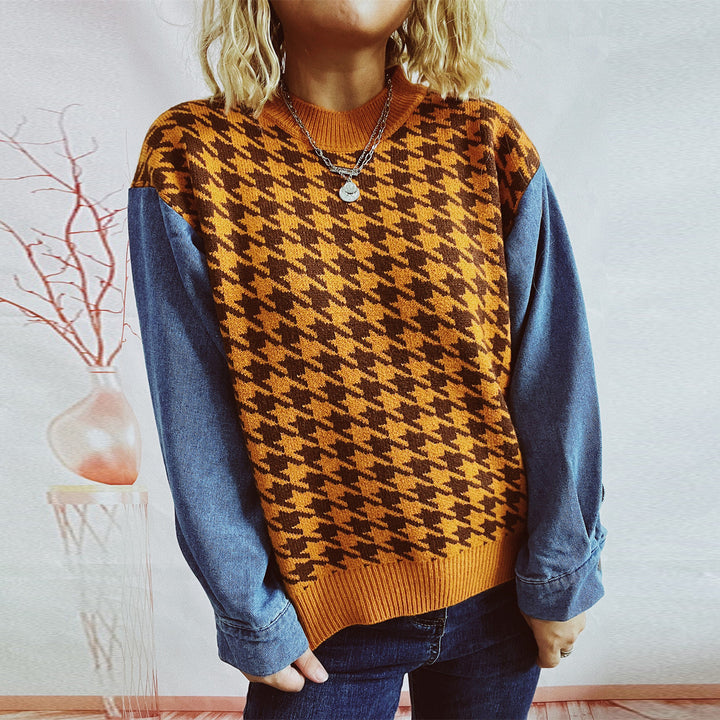 Damen Strickpullover im modernen Hahnentrittmuster mit lässigen Denim-Ärmeln Drune