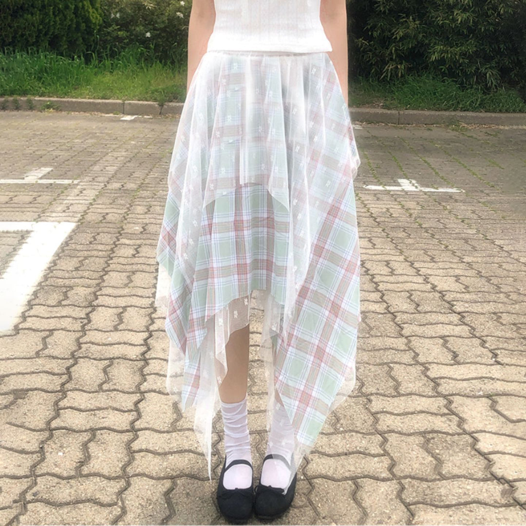 Damen Asymmetrischer Plissee-Rock mit transparentem Chiffonüberwurf und kariertem Design Drune