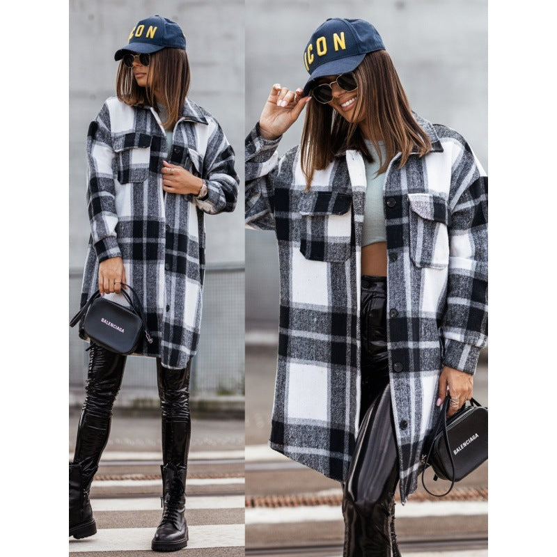 Damen Karierter Overshirt-Jacke mit lässigem Schnitt und Taschen Drune